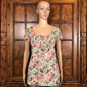 LOFT English Garden Square Neck Ruched Front Puff Sleeve Stretch Mesh Top